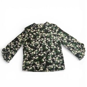Banana Republic Black & Green Floral V-Neck Long Sleeve XS Blouse